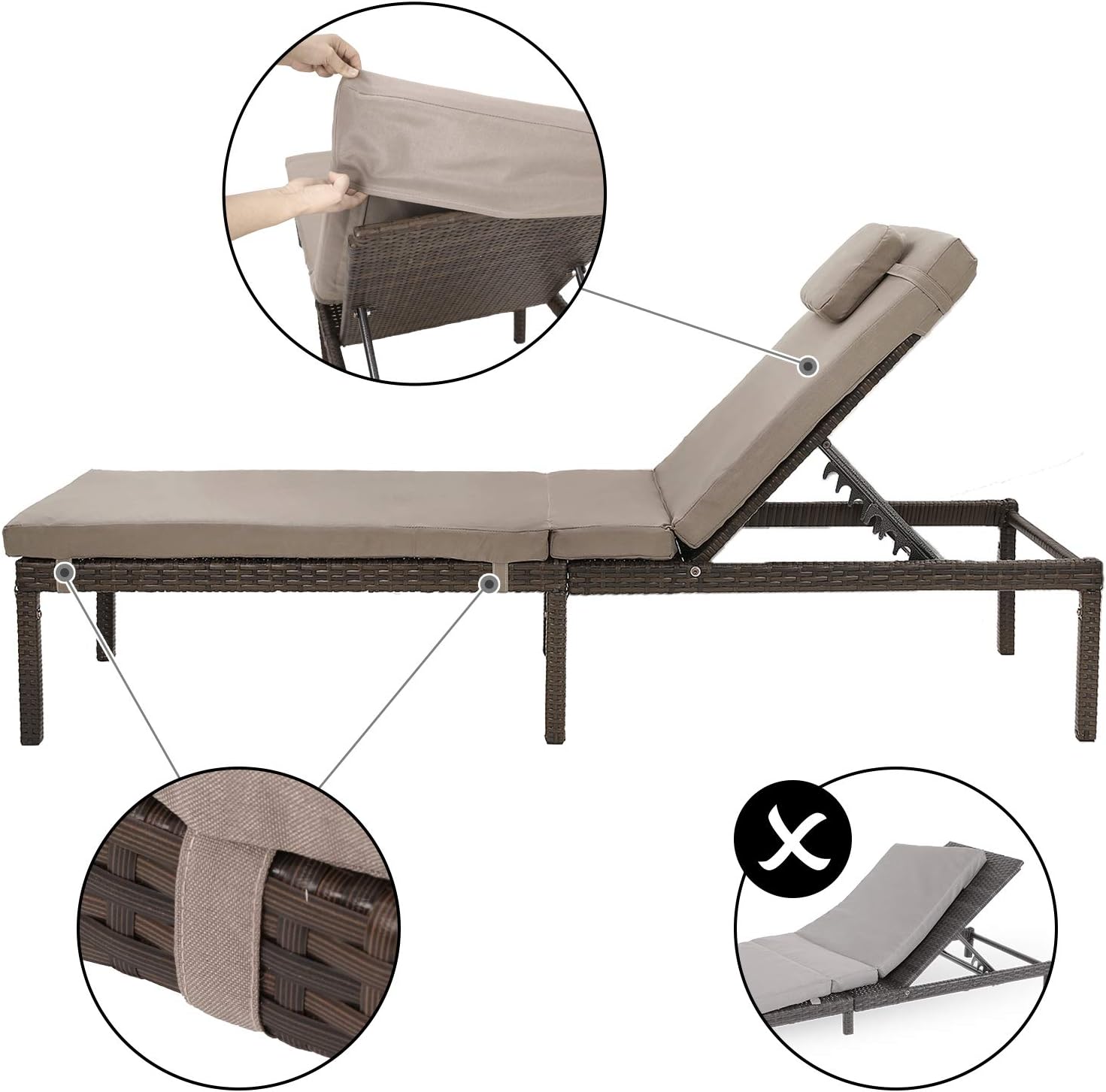 SONGMICS Sezlong gradina cu saltea groasa si tetiera, ratan PE si metal, maxim 150 kg, 195x65x40 cm, maro