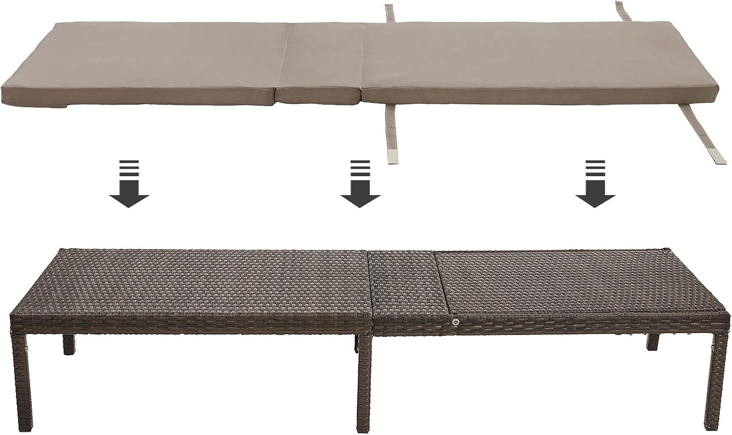 SONGMICS Sezlong gradina cu saltea groasa si tetiera, ratan PE si metal, maxim 150 kg, 195x65x40 cm, maro