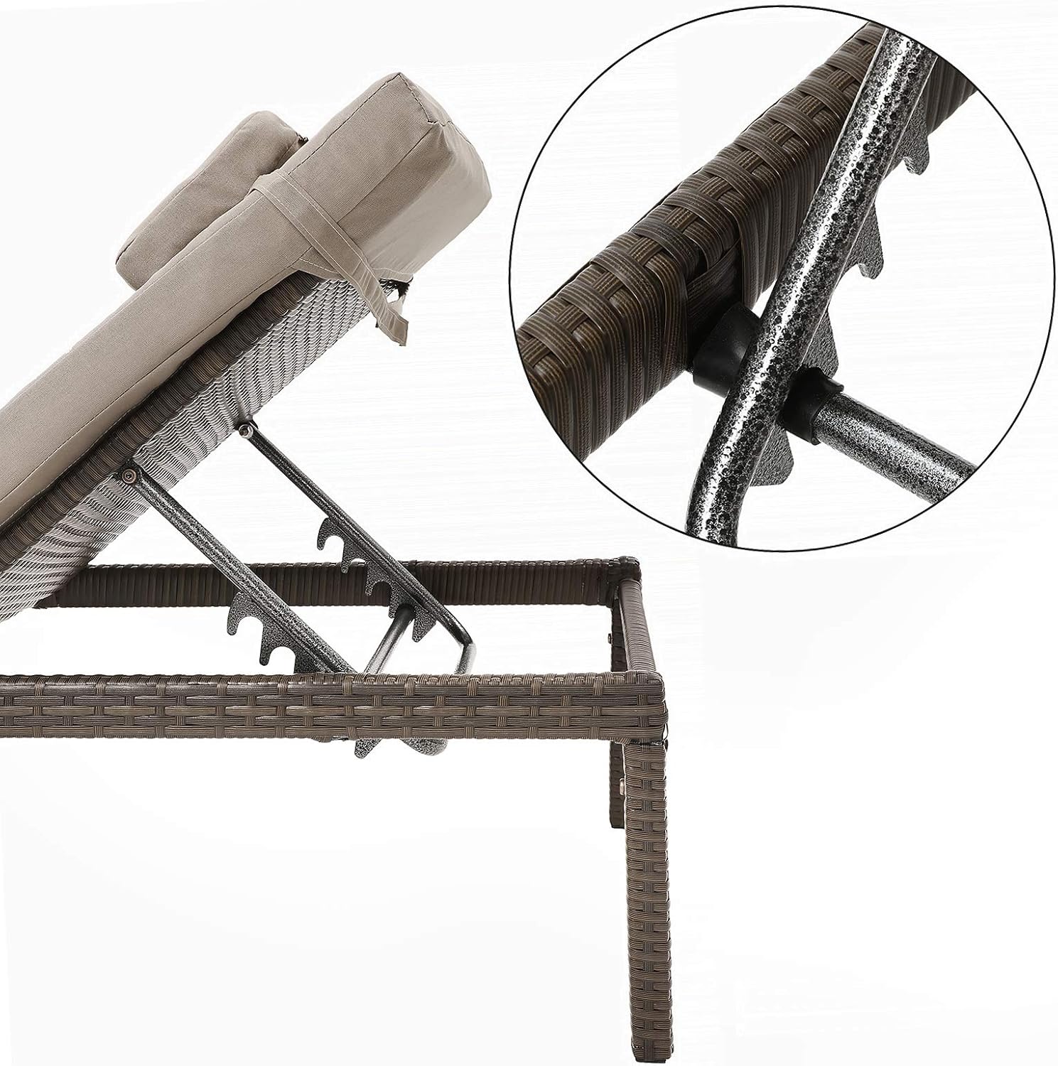 SONGMICS Sezlong gradina cu saltea groasa si tetiera, ratan PE si metal, maxim 150 kg, 195x65x40 cm, maro