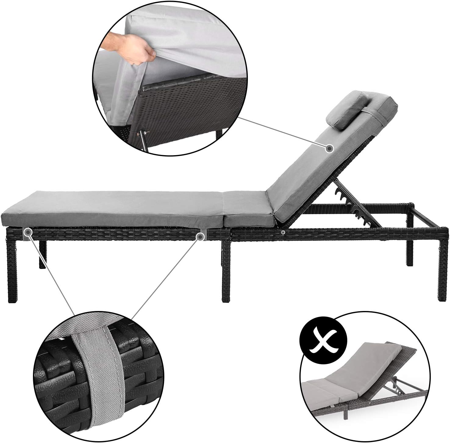 SONGMICS Sezlong gradina cu saltea groasa si tetiera, ratan PE si metal, maxim 150 kg, 195x65x40 cm, negru si gri