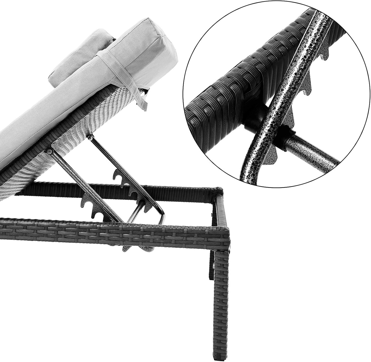 SONGMICS Sezlong gradina cu saltea groasa si tetiera, ratan PE si metal, maxim 150 kg, 195x65x40 cm, negru si gri