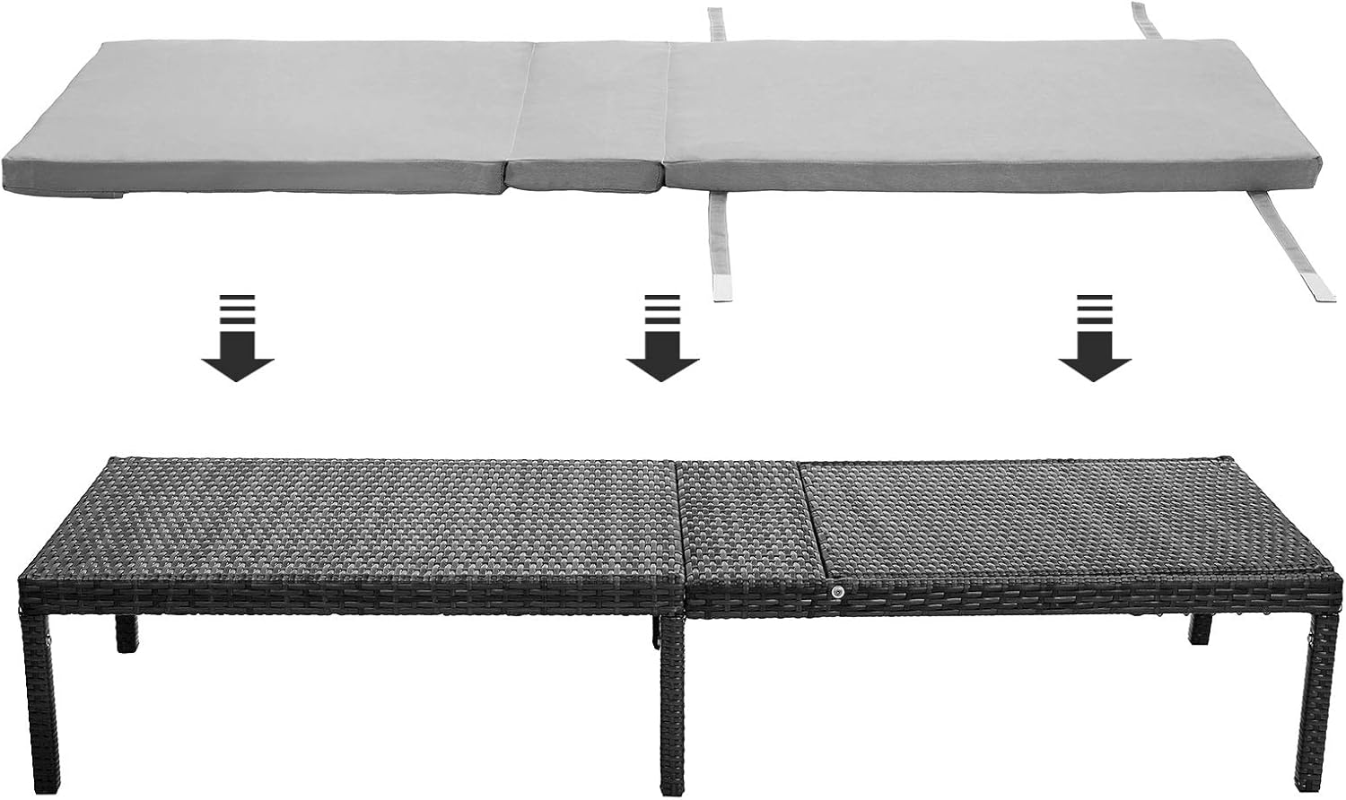 SONGMICS Sezlong gradina cu saltea groasa si tetiera, ratan PE si metal, maxim 150 kg, 195x65x40 cm, negru si gri