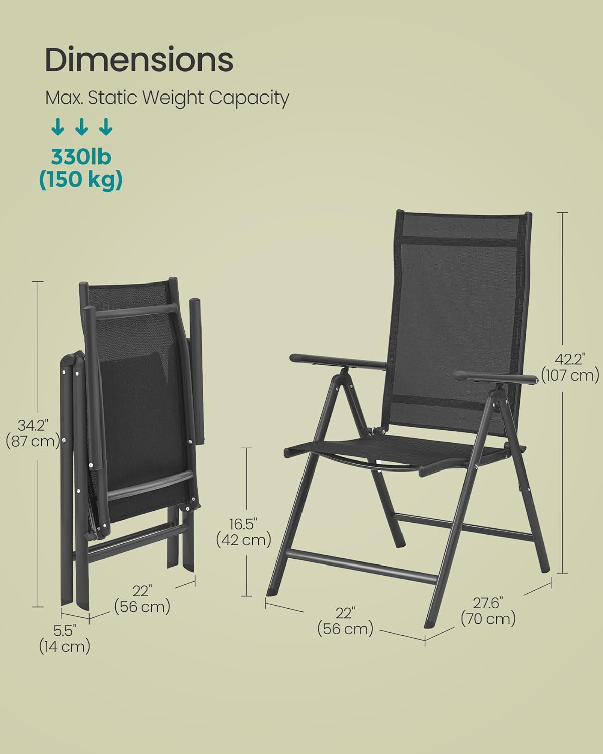 SONGMICS Set 2 scaune gradina pliabile cu spatar reglabil 8 pozitii, 150 kg, 56x70x106 cm, negru