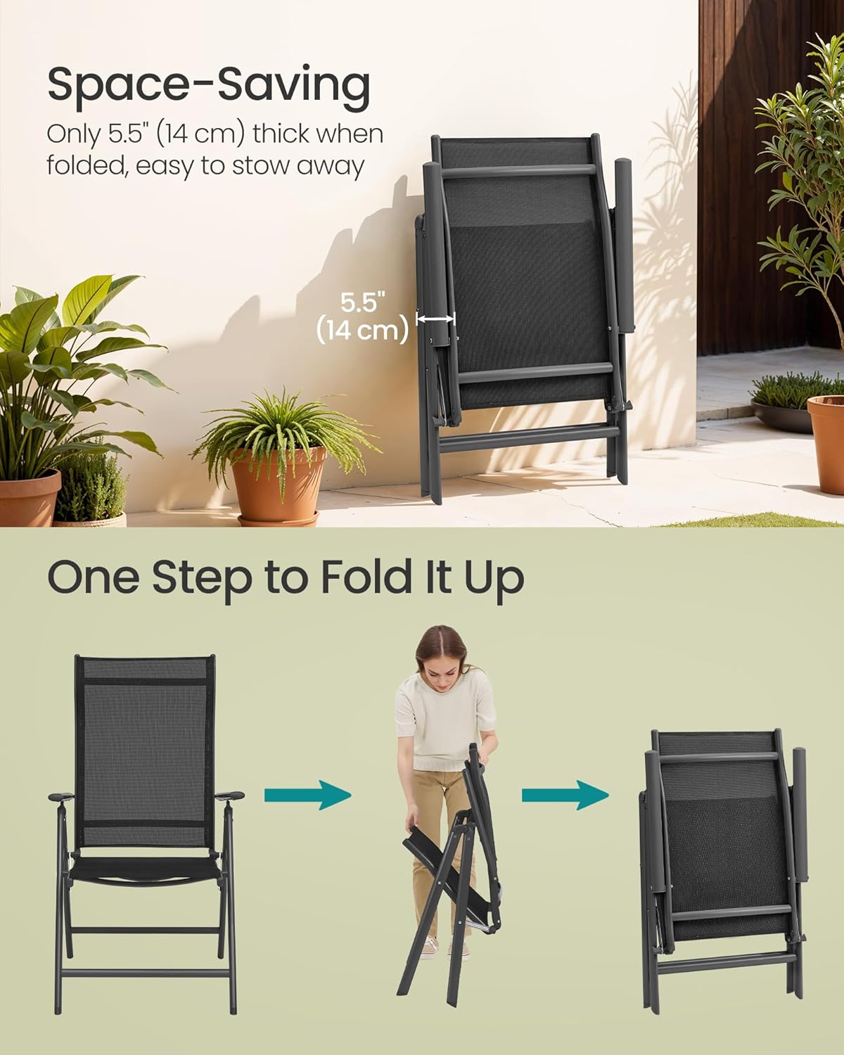 SONGMICS Set 2 scaune gradina pliabile cu spatar reglabil 8 pozitii, 150 kg, 56x70x106 cm, negru