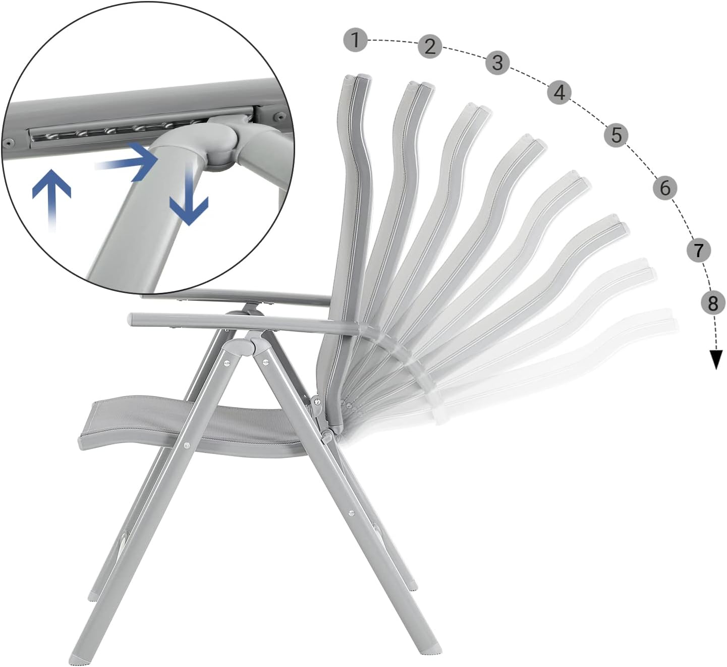 SONGMICS Set 2 scaune gradina pliabile cu spatar reglabil 8 pozitii, 150 kg, 56x70x106 cm, gri