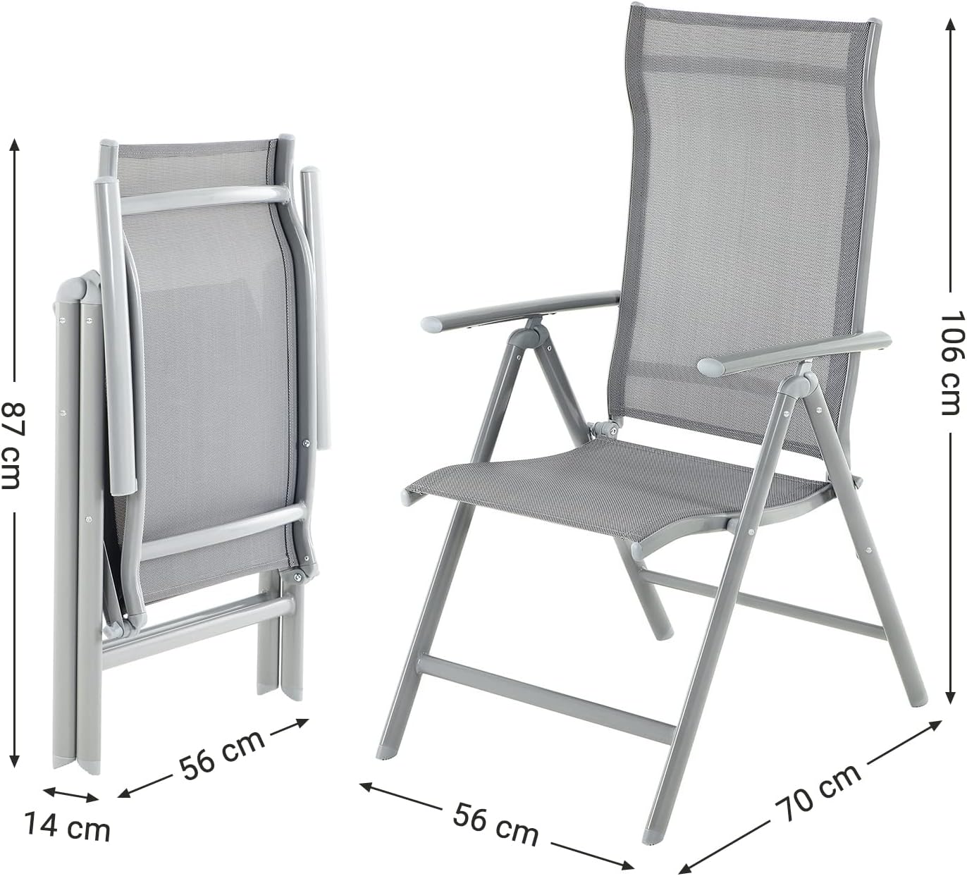 SONGMICS Set 2 scaune gradina pliabile cu spatar reglabil 8 pozitii, 150 kg, 56x70x106 cm, gri