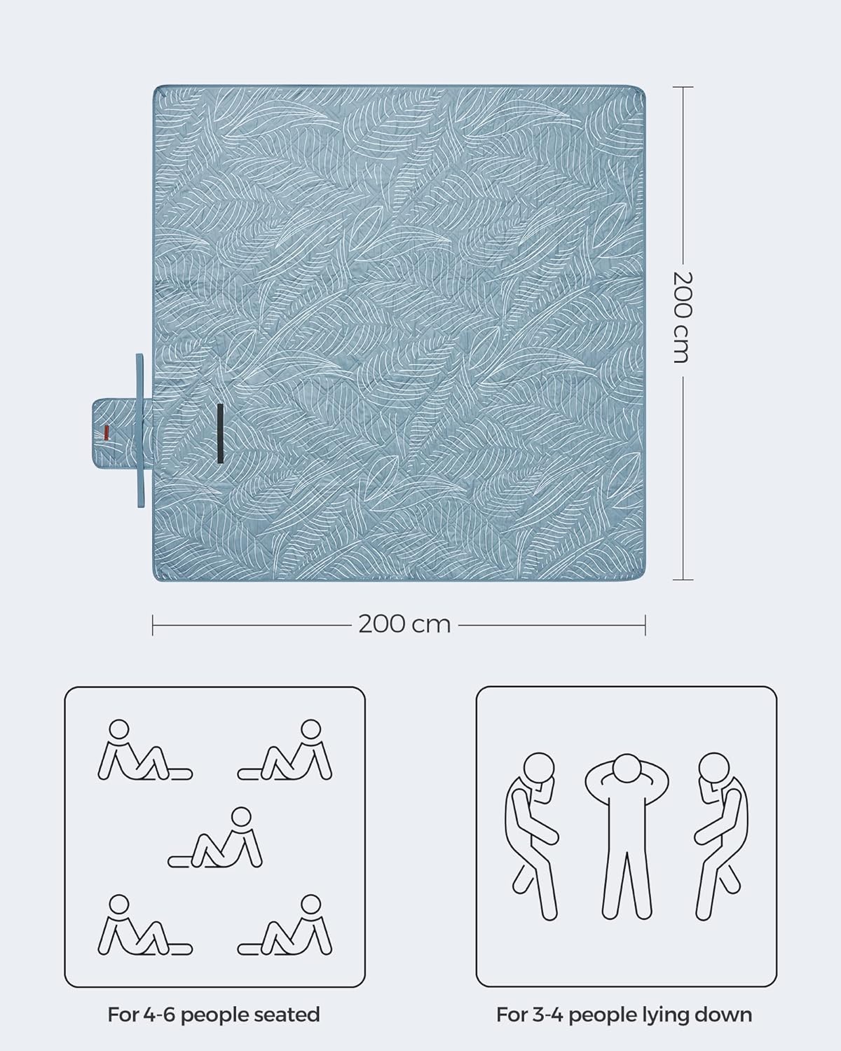 SONGMICS Patura picnic impermeabila 200x200 cm, cu ancore de fixare, pliabila, lavabila, multistrat, albastru cu model frunze