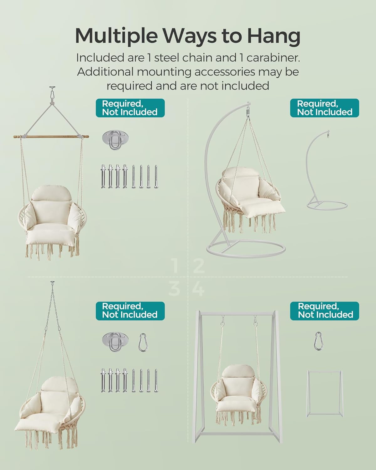 SONGMICS Scaun suspendat tip hamac cu perna groasa, stil scandinav, cadru metalic, include lant si carabiniera, 120 kg, crem