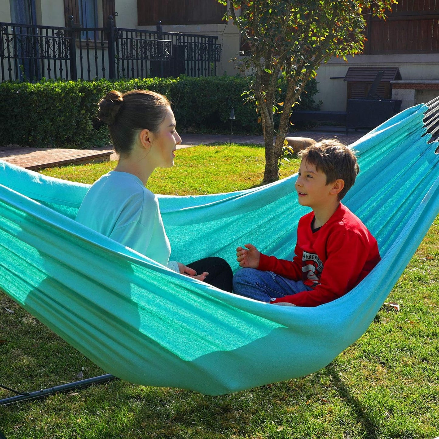 SONGMICS Hamac dublu, accesorii de prindere cu chingi si carabiniere, 210x150 cm, 300 kg, albastru - 6