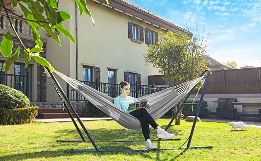 SONGMICS Hamac dublu, accesorii de prindere cu chingi si carabiniere, 210x150 cm, 300 kg, gri - 2