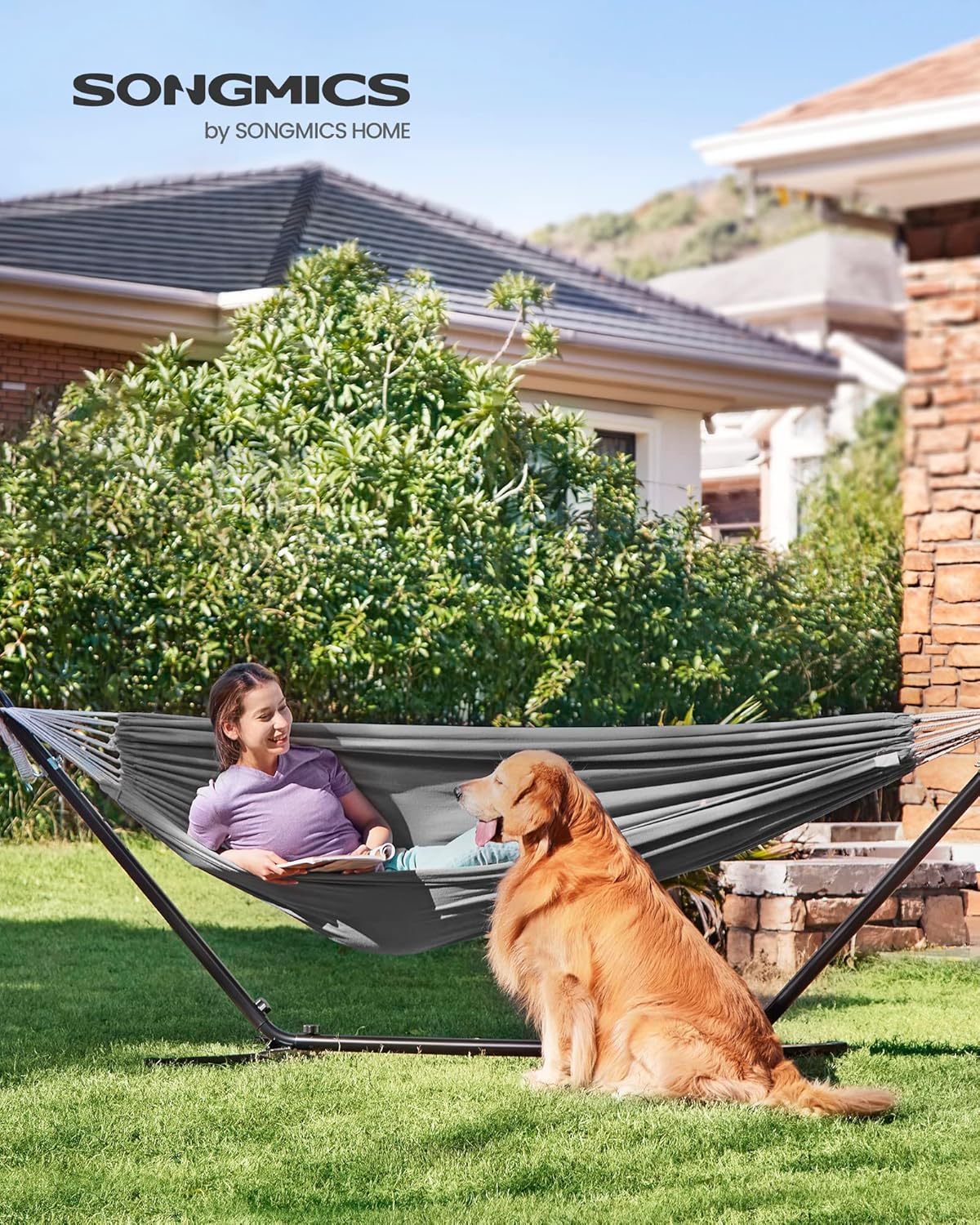 SONGMICS Hamac dublu, accesorii de prindere cu chingi si carabiniere, 210x150 cm, 300 kg, gri - 11