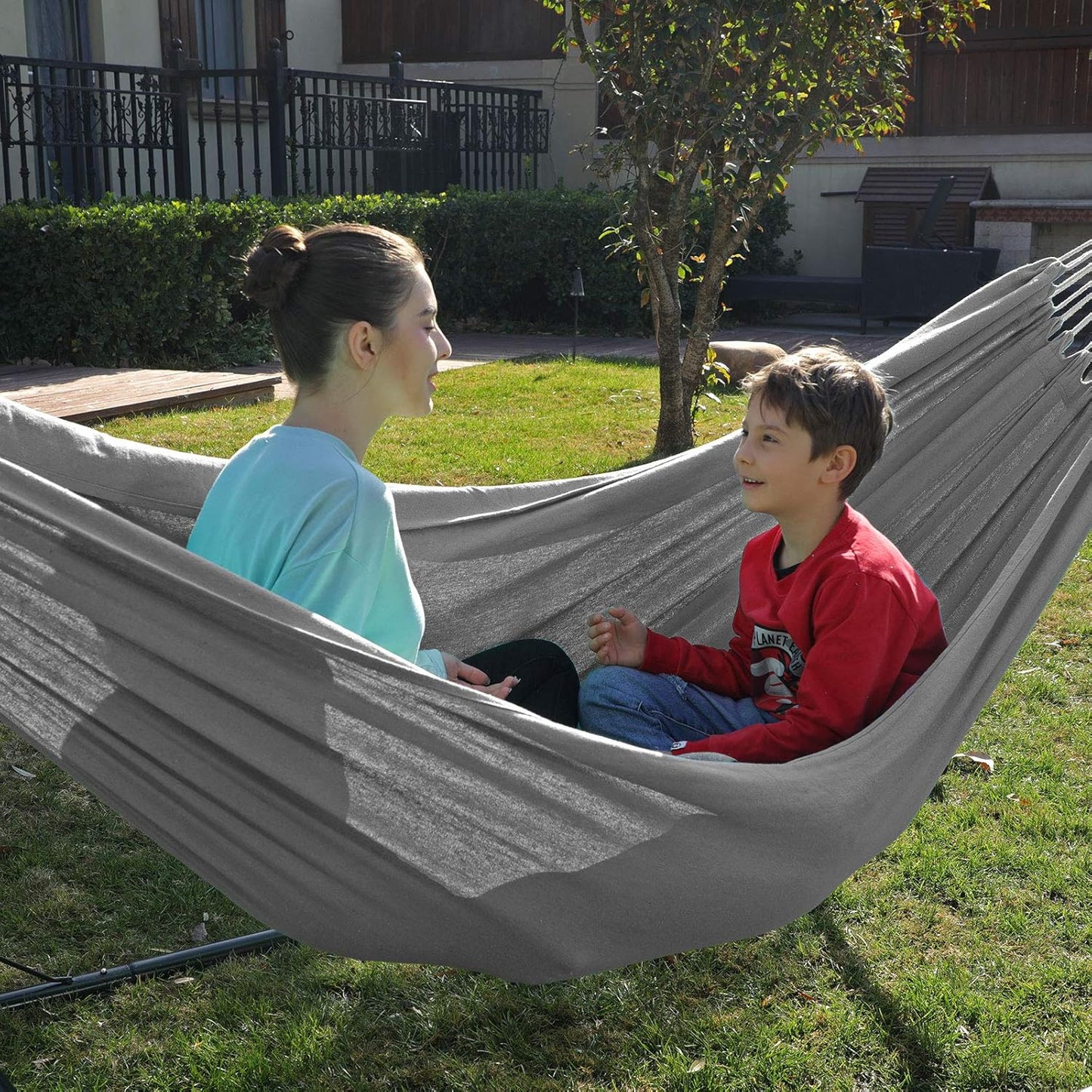 SONGMICS Hamac dublu, accesorii de prindere cu chingi si carabiniere, 210x150 cm, 300 kg, gri - 7