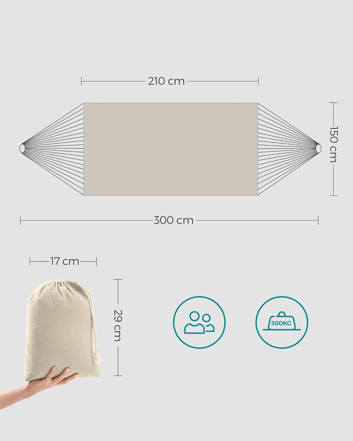 SONGMICS Hamac dublu 210x150 cm, bumbac, portabil cu chingi si carabiniere, bej