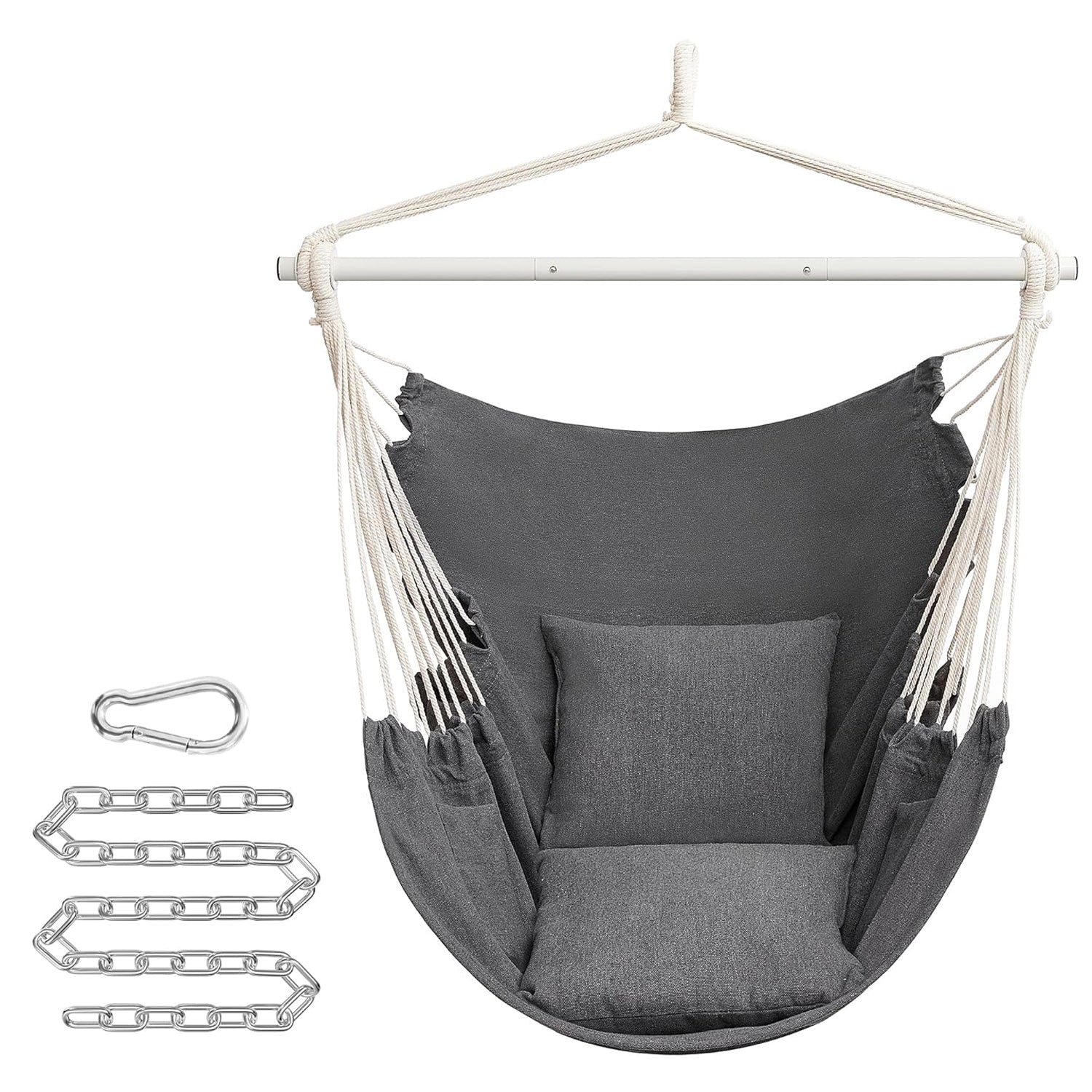 SONGMICS Fotoliu suspendat tip hamac cu 2 perne, lant si carabiniera incluse, 150x128 cm, gri inchis