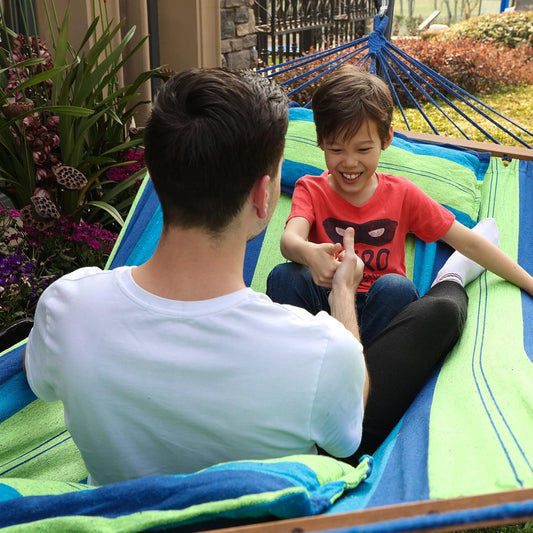 SONGMICS Hamac dublu cu bara lemn, perne incluse, maxim 300 kg, 210x150 cm, verde si albastru - 2