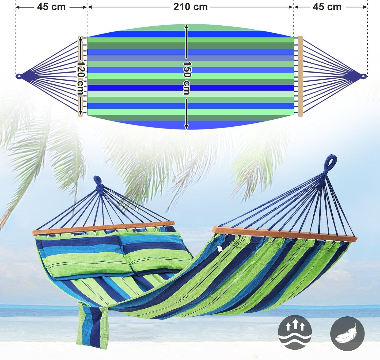 SONGMICS Hamac dublu cu bara lemn, perne incluse, maxim 300 kg, 210x150 cm, verde si albastru - 3