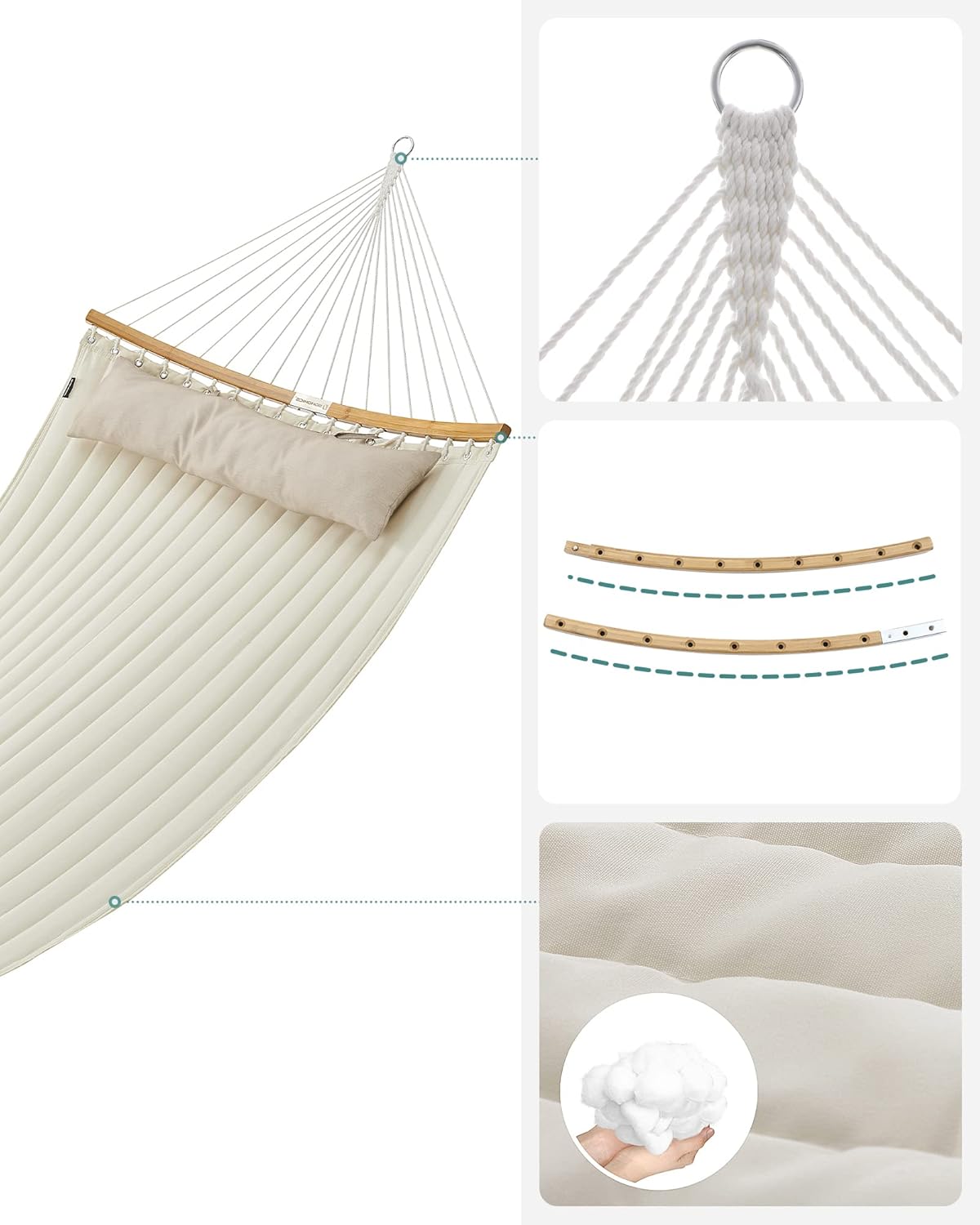 SONGMICS Hamac dublu cu bare curbate din bambus, perna inclusa, maxim 225 kg, 200x140 cm, crem