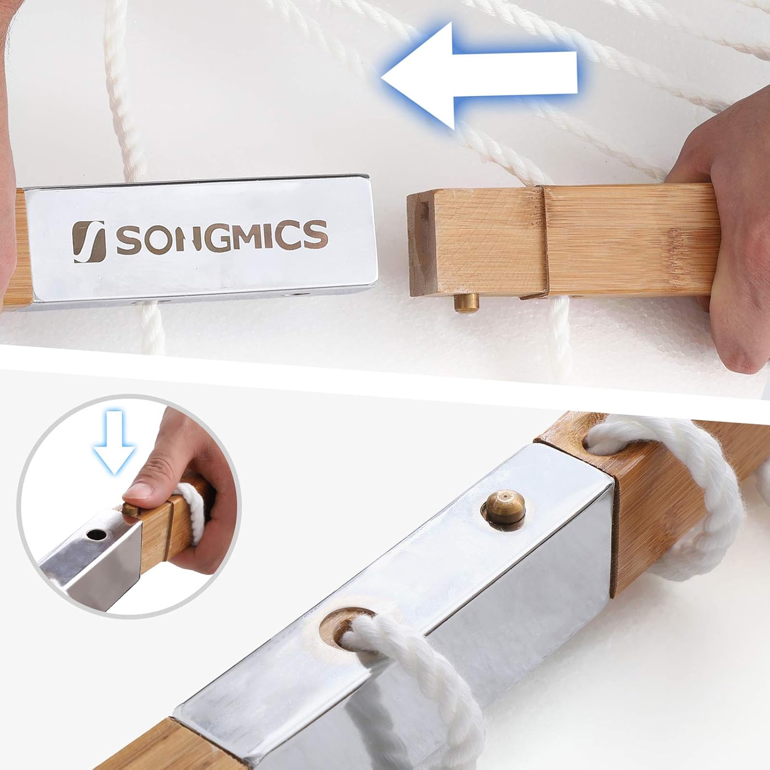SONGMICS Hamac dublu cu bare curbate din bambus, perna inclusa, maxim 225 kg, 200x140 cm, albastru