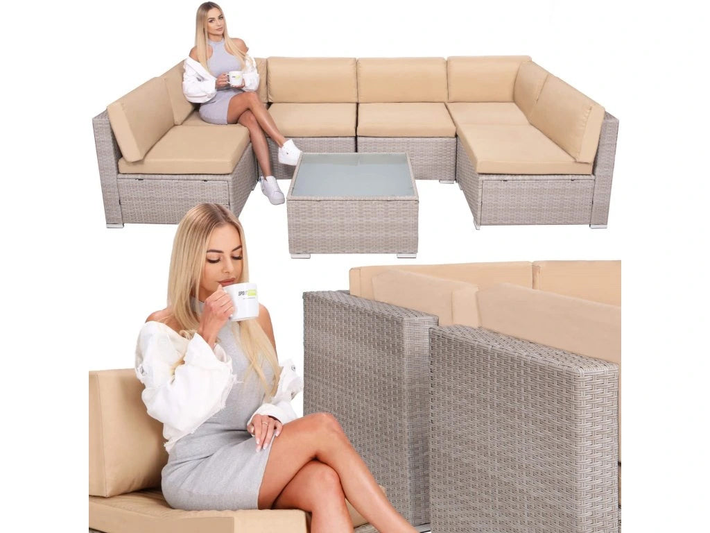 Set mobilier gradina 7 piese, canapea modulara colt L sau U, perne groase, masa cu blat sticla, technoratan, bej