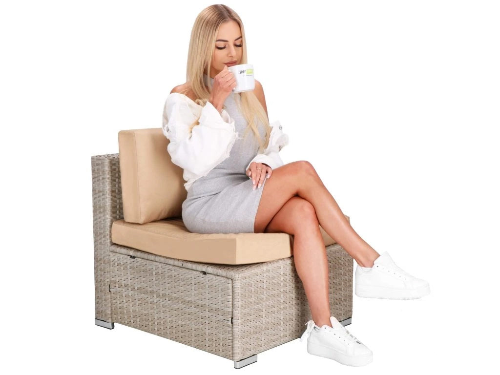 Set mobilier gradina 7 piese, canapea modulara colt L sau U, perne groase, masa cu blat sticla, technoratan, bej