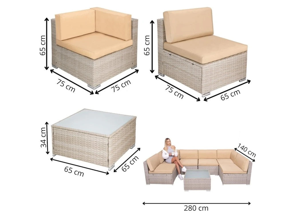 Set mobilier gradina 7 piese, canapea modulara colt L sau U, perne groase, masa cu blat sticla, technoratan, bej