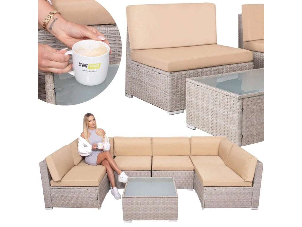 Set mobilier gradina 7 piese, canapea modulara colt L sau U, perne groase, masa cu blat sticla, technoratan, bej