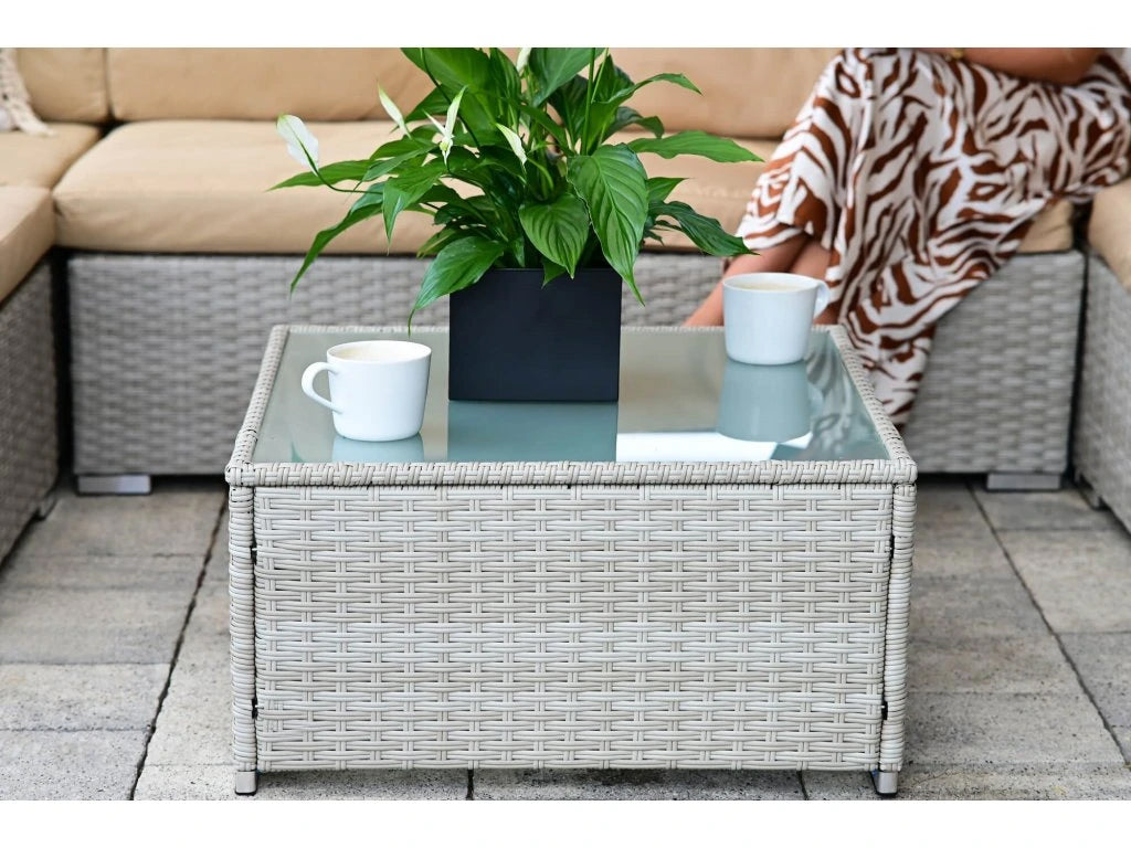 Set mobilier gradina 7 piese, canapea modulara colt L sau U, perne groase, masa cu blat sticla, technoratan, bej