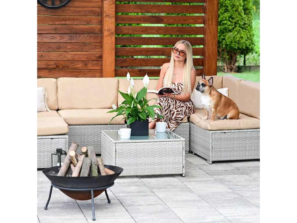 Set mobilier gradina 7 piese, canapea modulara colt L sau U, perne groase, masa cu blat sticla, technoratan, bej