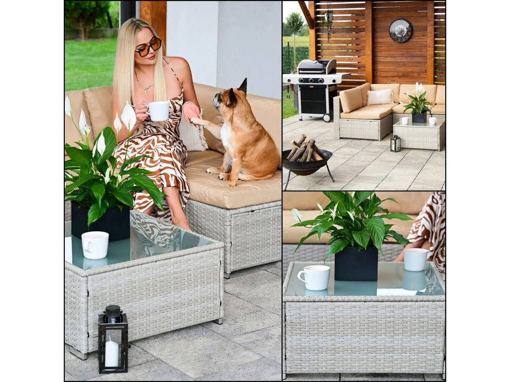 Set mobilier gradina 7 piese, canapea modulara colt L sau U, perne groase, masa cu blat sticla, technoratan, bej