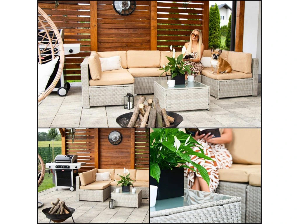 Set mobilier gradina 7 piese, canapea modulara colt L sau U, perne groase, masa cu blat sticla, technoratan, bej