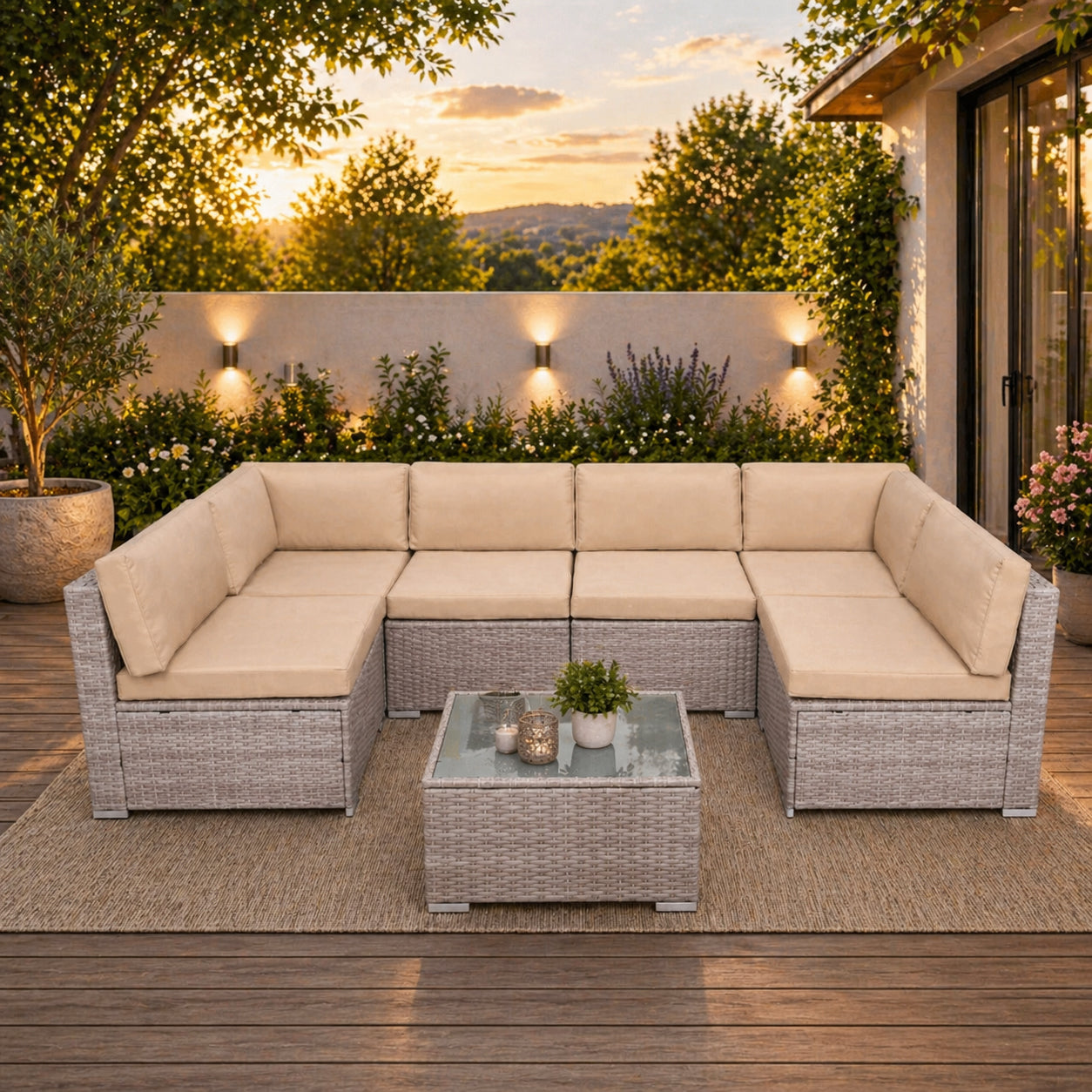 Set mobilier gradina 7 piese, canapea modulara colt L sau U, perne groase, masa cu blat sticla, technoratan, bej
