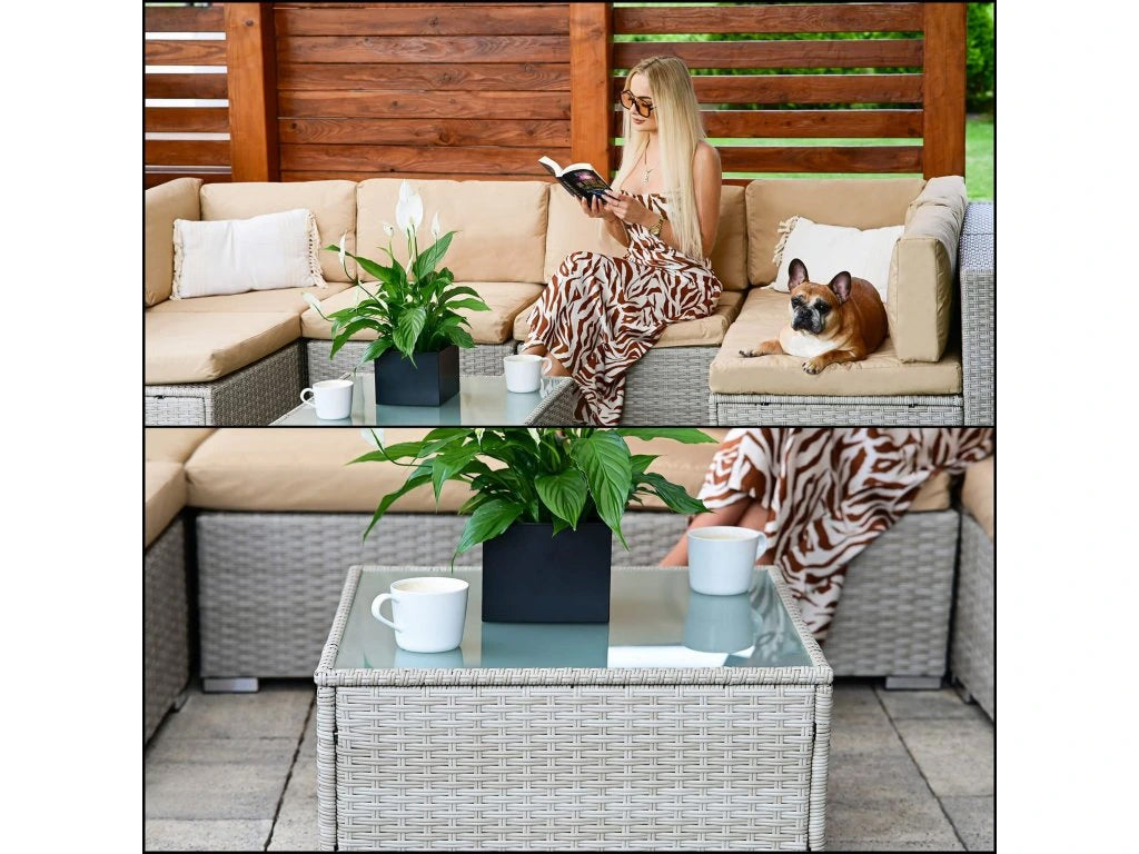 Set mobilier gradina 7 piese, canapea modulara colt L sau U, perne groase, masa cu blat sticla, technoratan, bej