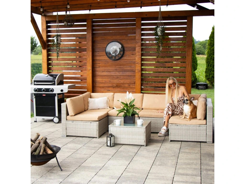 Set mobilier gradina 7 piese, canapea modulara colt L sau U, perne groase, masa cu blat sticla, technoratan, bej