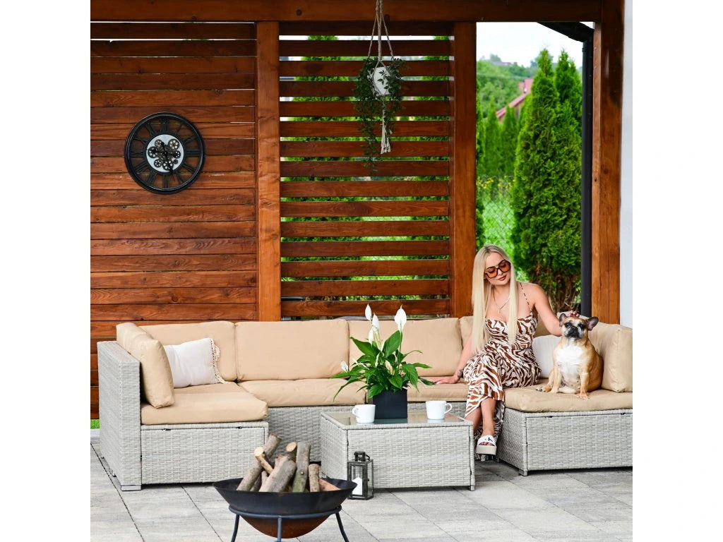 Set mobilier gradina 7 piese, canapea modulara colt L sau U, perne groase, masa cu blat sticla, technoratan, bej