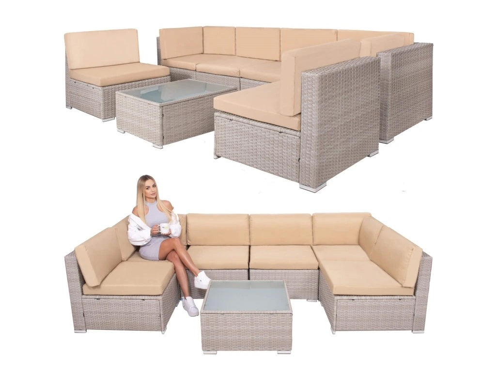 Set mobilier gradina 7 piese, canapea modulara colt L sau U, perne groase, masa cu blat sticla, technoratan, bej