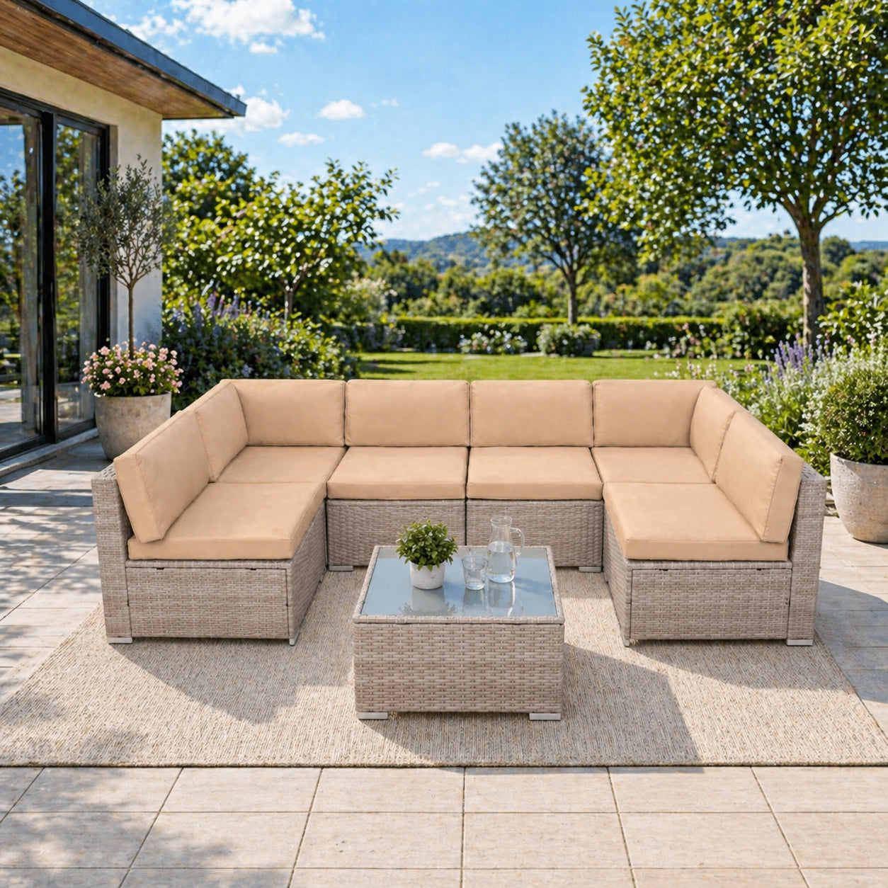 Set mobilier gradina 7 piese, canapea modulara colt L sau U, perne groase, masa cu blat sticla, technoratan, bej