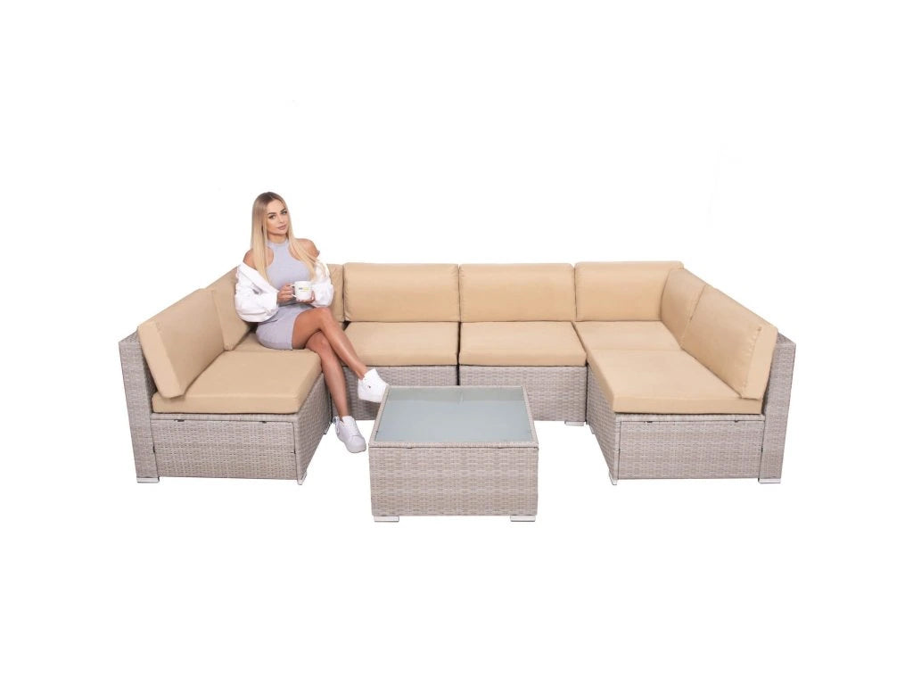 Set mobilier gradina 7 piese, canapea modulara colt L sau U, perne groase, masa cu blat sticla, technoratan, bej