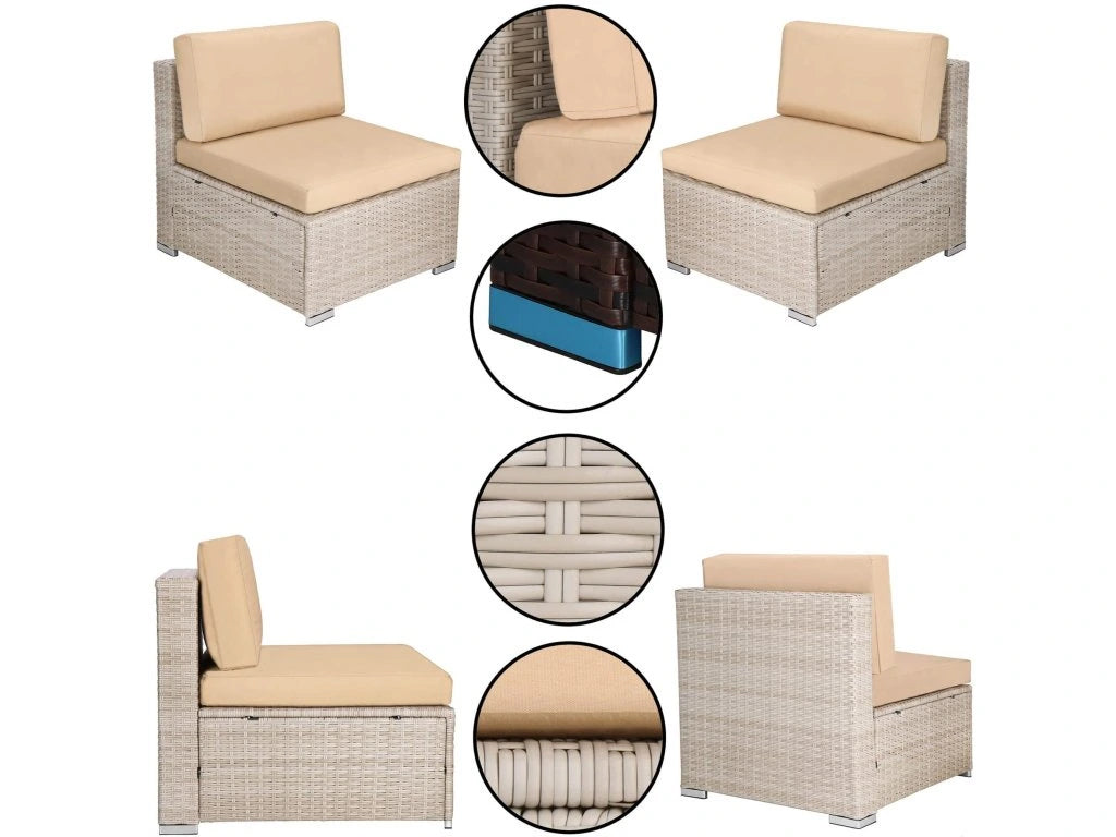 Set mobilier gradina 7 piese, canapea modulara colt L sau U, perne groase, masa cu blat sticla, technoratan, bej