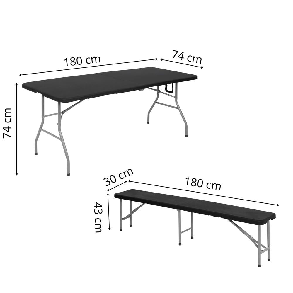 Set masa pliabila cu 2 banci, 180 cm, negru, HDPE si cadru metalic anticoroziv
