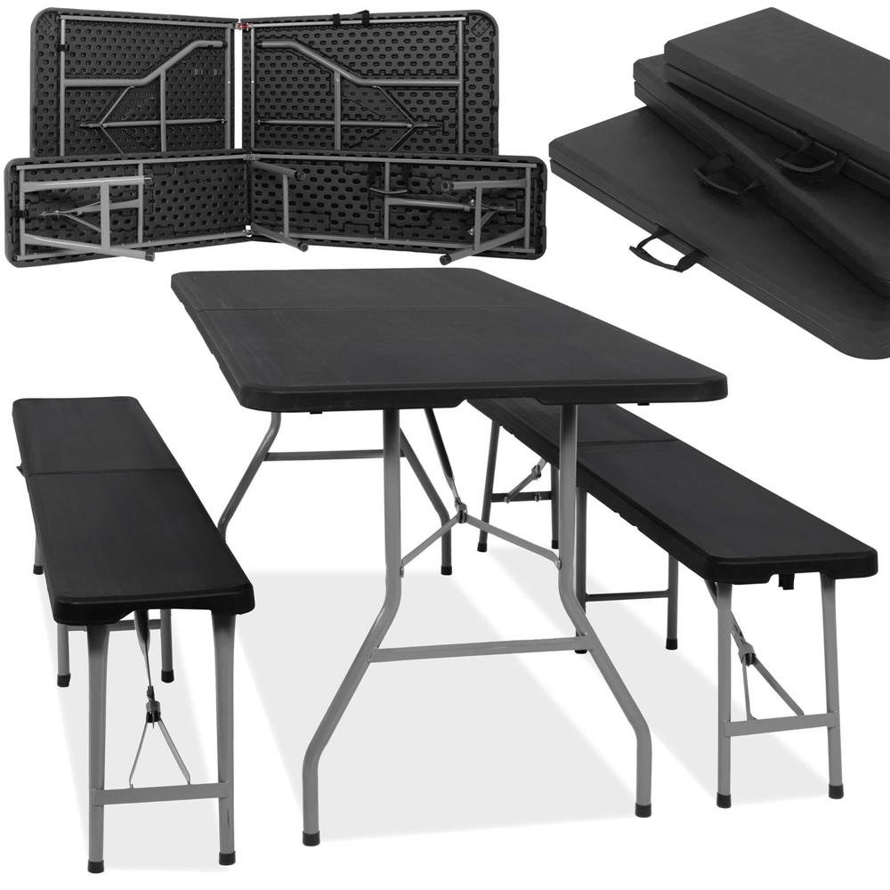 Set masa pliabila cu 2 banci, 180 cm, negru, HDPE si cadru metalic anticoroziv