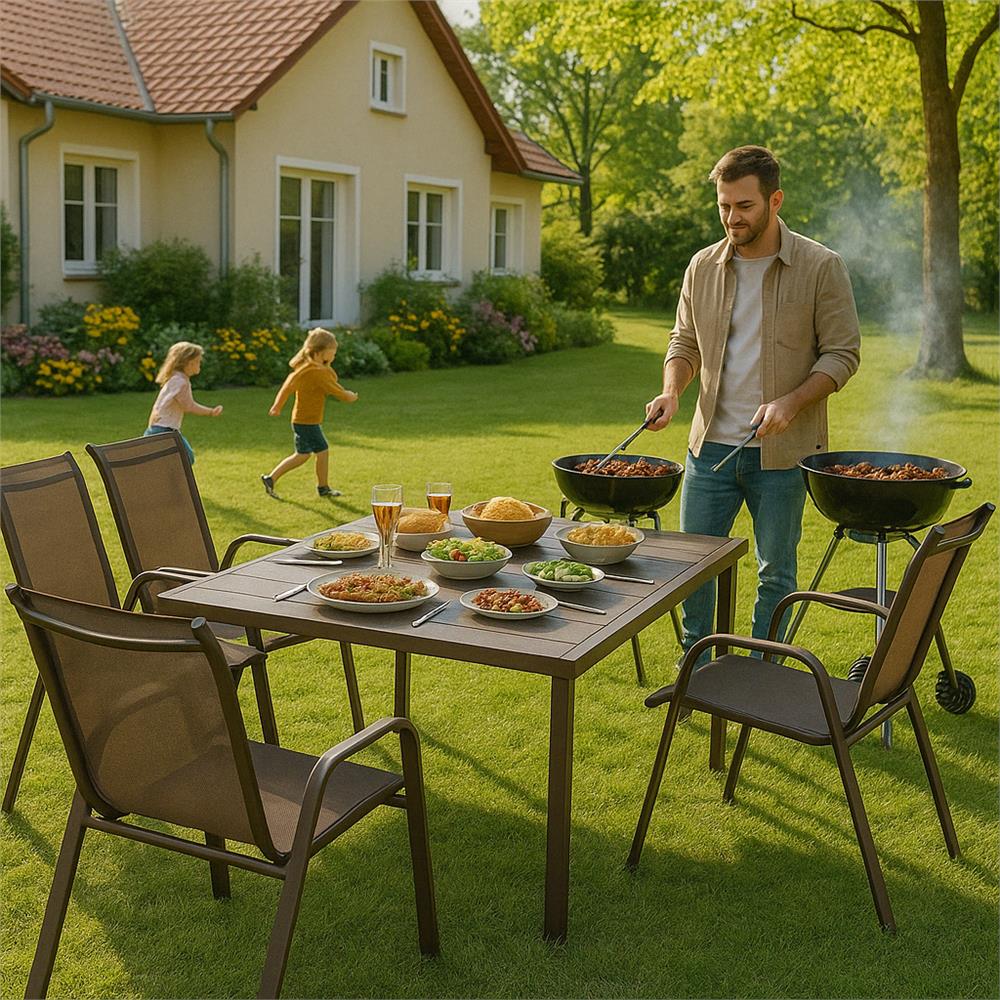 Set 2 scaune gradina, cadru metalic, textilene, maxim 120 kg, 92x53x72 cm, maro