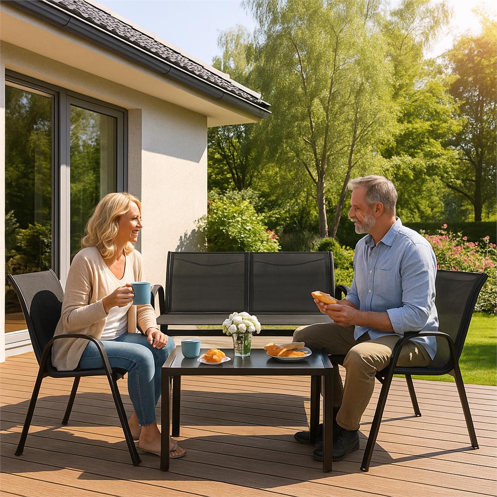 Set mobilier gradina 4 piese, masa cu sticla securizata, 2 scaune si canapea, cadru metalic, negru