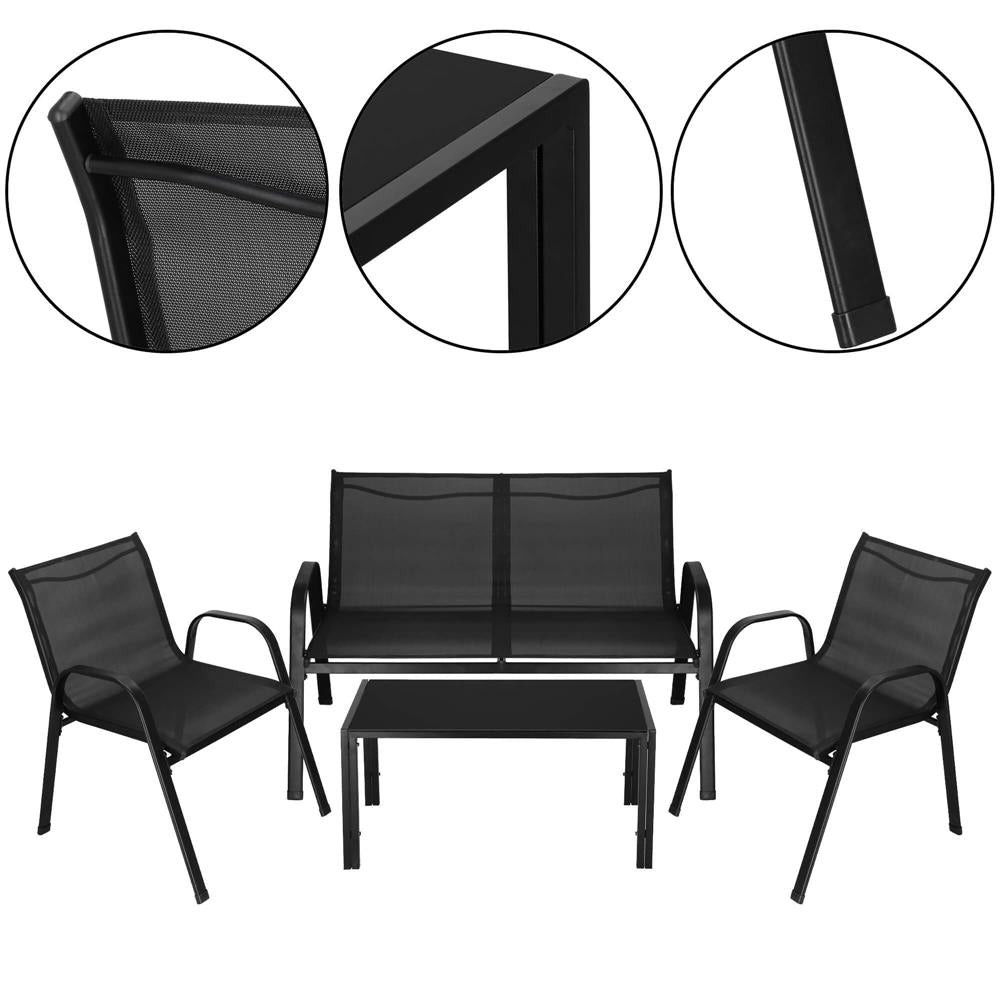 Set mobilier gradina 4 piese, masa cu sticla securizata, 2 scaune si canapea, cadru metalic, negru