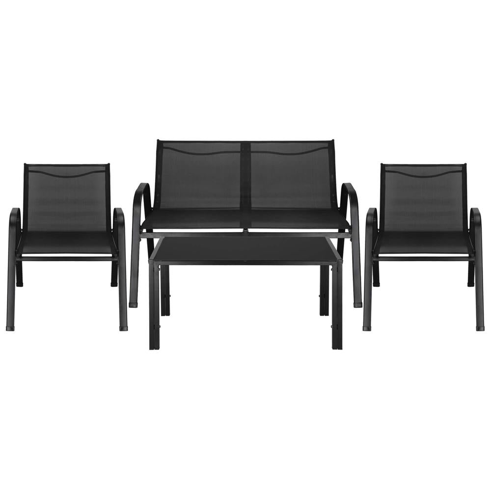 Set mobilier gradina 4 piese, masa cu sticla securizata, 2 scaune si canapea, cadru metalic, negru