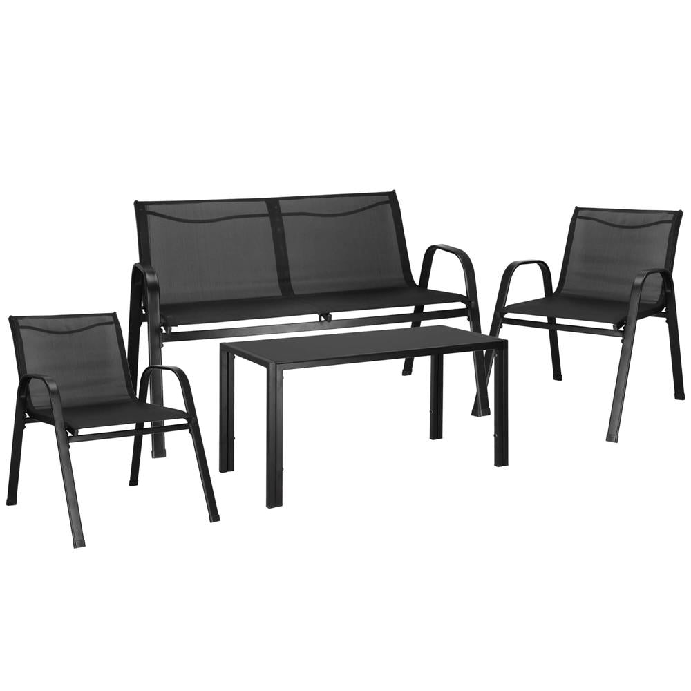 Set mobilier gradina 4 piese, masa cu sticla securizata, 2 scaune si canapea, cadru metalic, negru