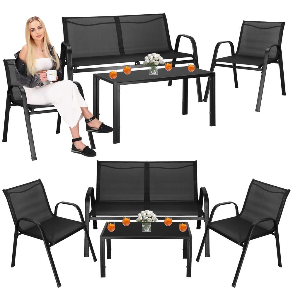 Set mobilier gradina 4 piese, masa cu sticla securizata, 2 scaune si canapea, cadru metalic, negru