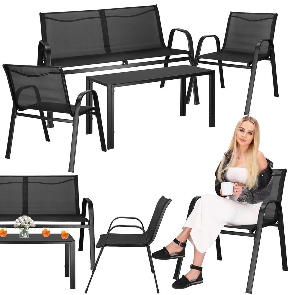 Set mobilier gradina 4 piese, masa cu sticla securizata, 2 scaune si canapea, cadru metalic, negru