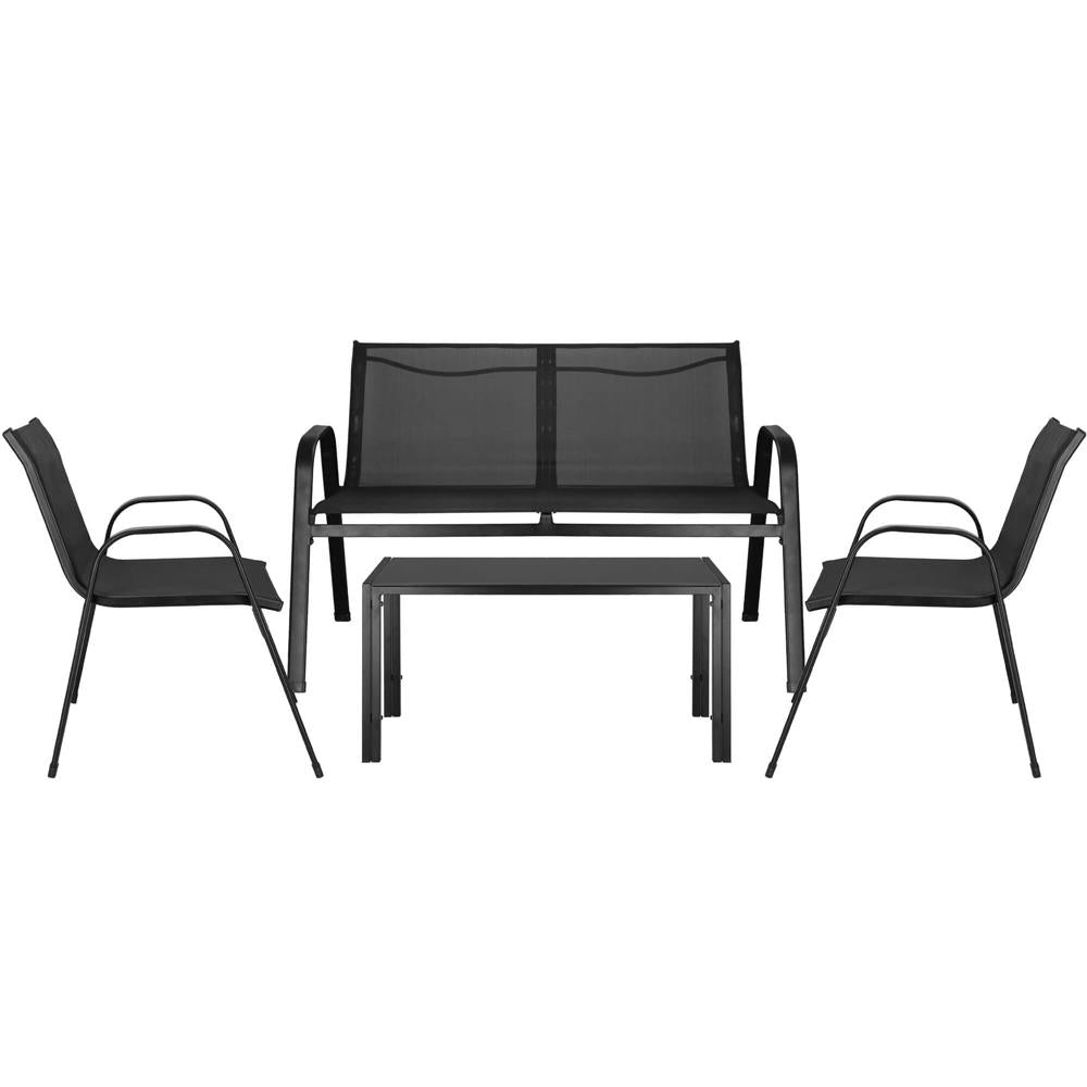 Set mobilier gradina 4 piese, masa cu sticla securizata, 2 scaune si canapea, cadru metalic, negru