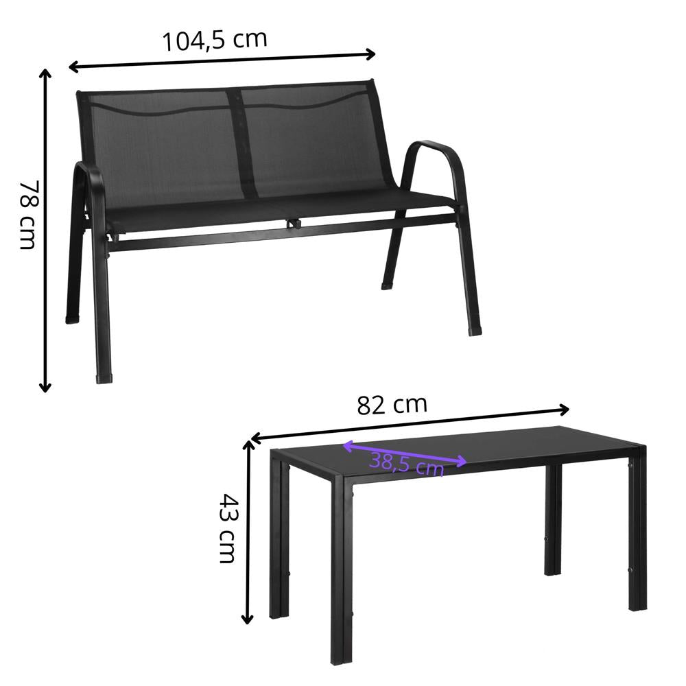 Set mobilier gradina 4 piese, masa cu sticla securizata, 2 scaune si canapea, cadru metalic, negru