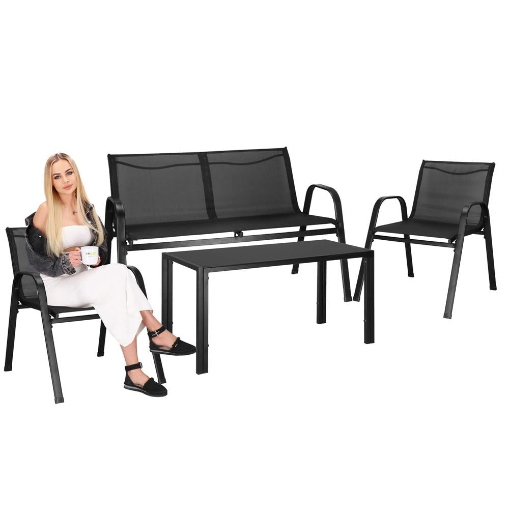Set mobilier gradina 4 piese, masa cu sticla securizata, 2 scaune si canapea, cadru metalic, negru